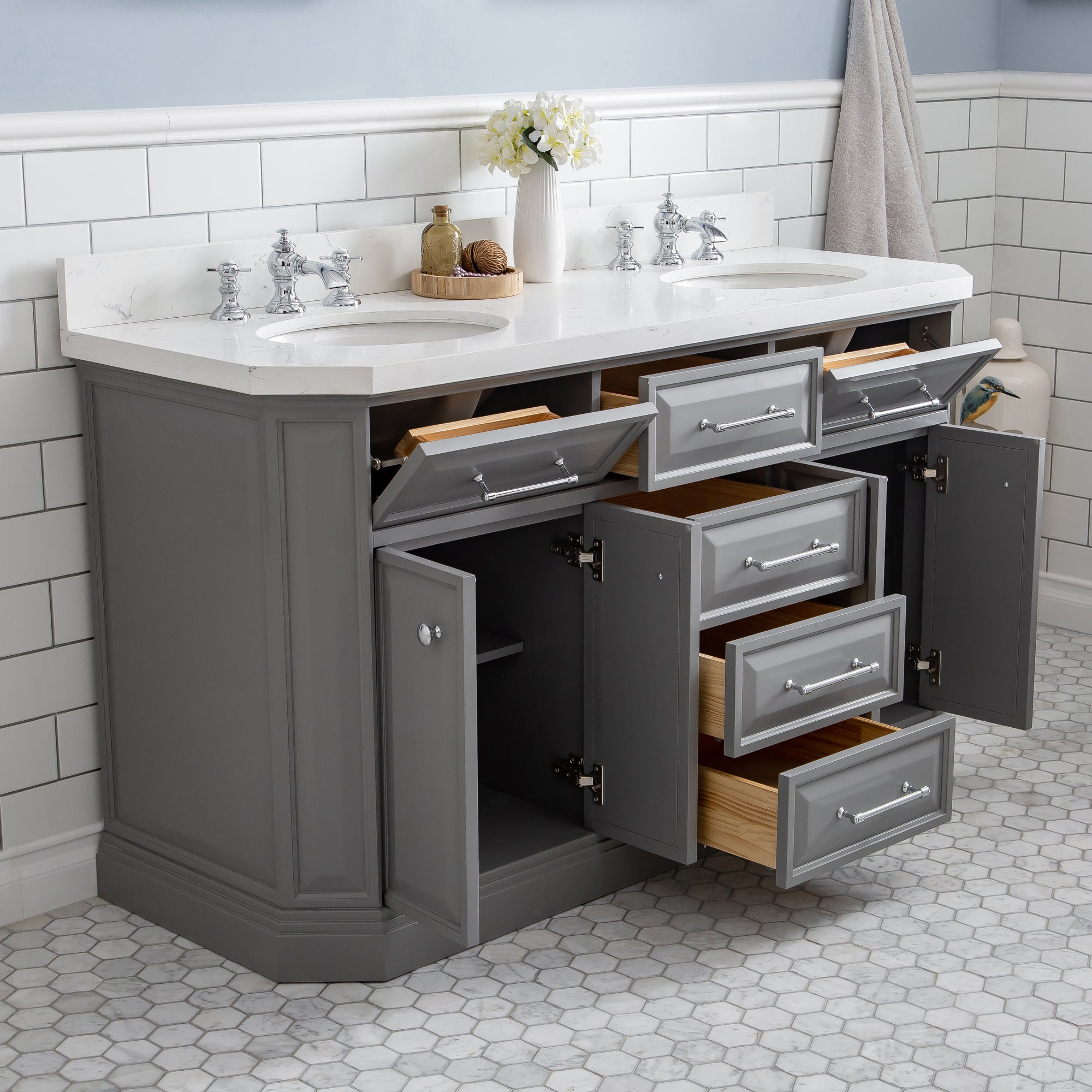 Water Creation | 60" Palace Collection Quartz Carrara Cashmere Grey Bathroom Vanity Set With Hardware And F2-0013 Faucets in Chrome Finish | PA60QZ01CG-000FX1301