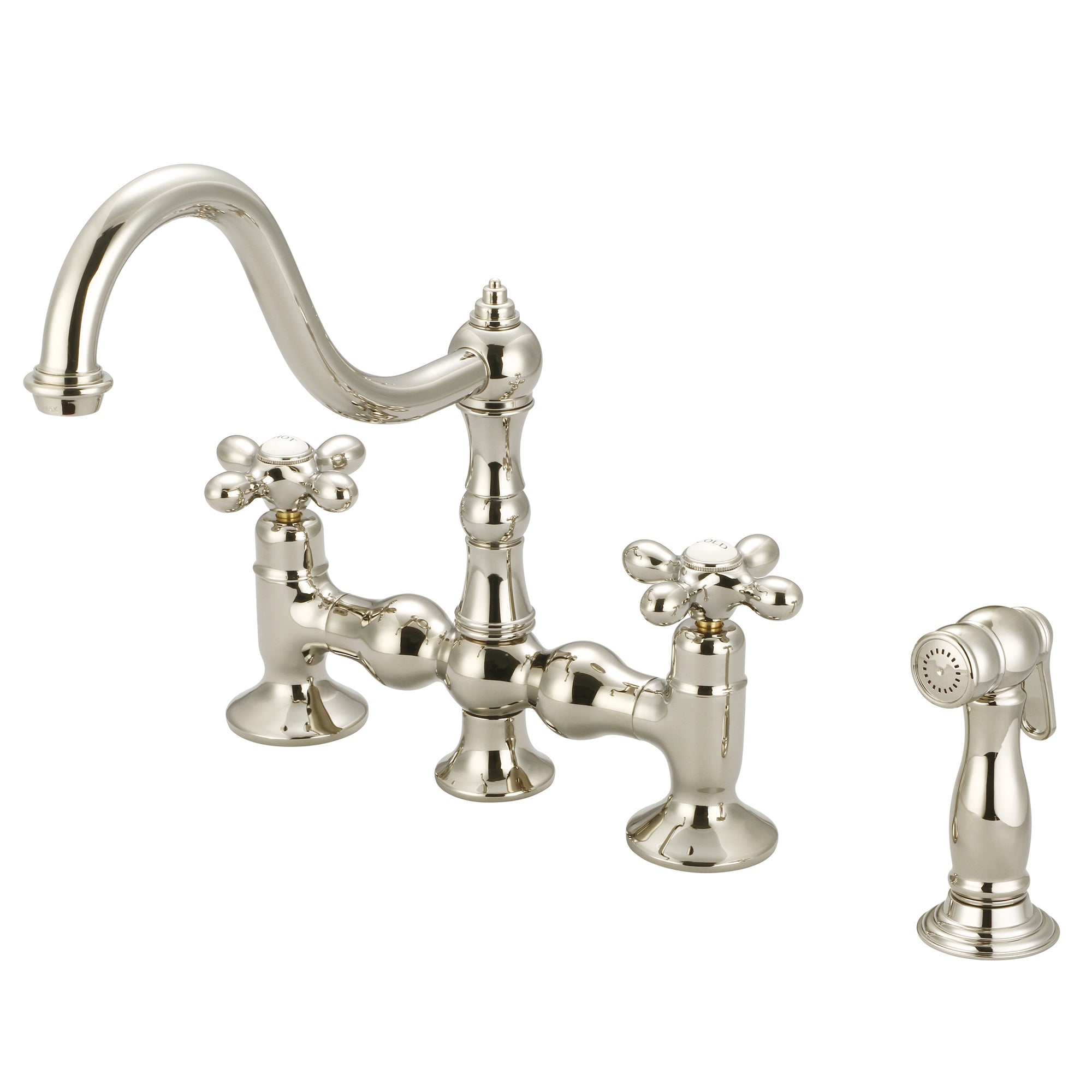 Water Creation | Bridge Style Kitchen Faucet With Side Spray To Match in Polished Nickel (PVD) Finish With Metal Lever Handles, Hot And Cold Labels Included | F5-0010-05-AX