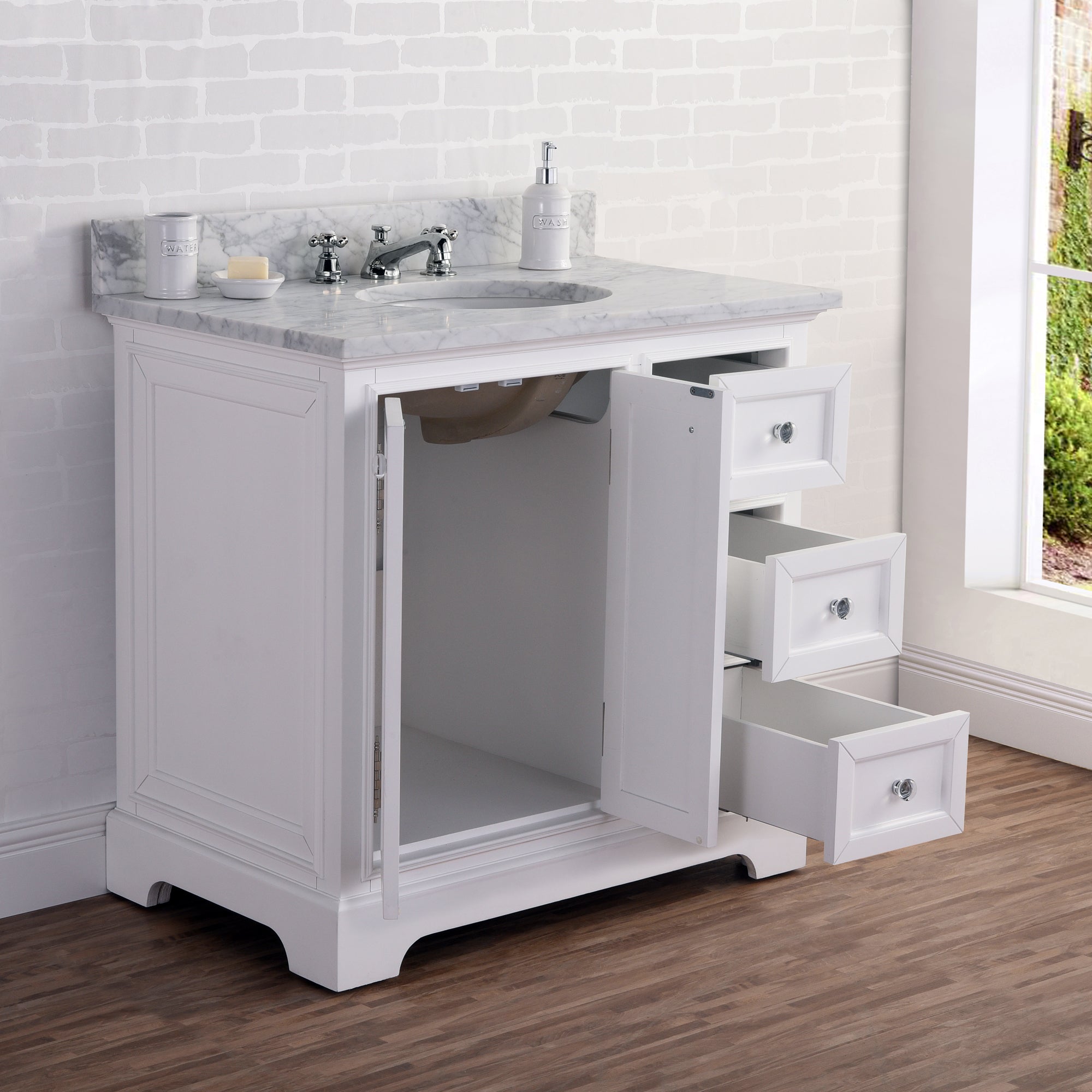 Water Creation | 36 Inch Wide Pure White Single Sink Carrara Marble Bathroom Vanity With Matching Mirror And Faucet(s) From The Derby Collection | DE36CW01PW-B24BX0901