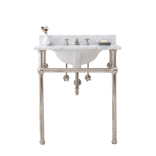 Water Creation | Embassy 30 Inch Wide Single Wash Stand, P-Trap, Counter Top with Basin, and F2-0009 Faucet included in Polished Nickel (PVD) Finish | EB30D-0509