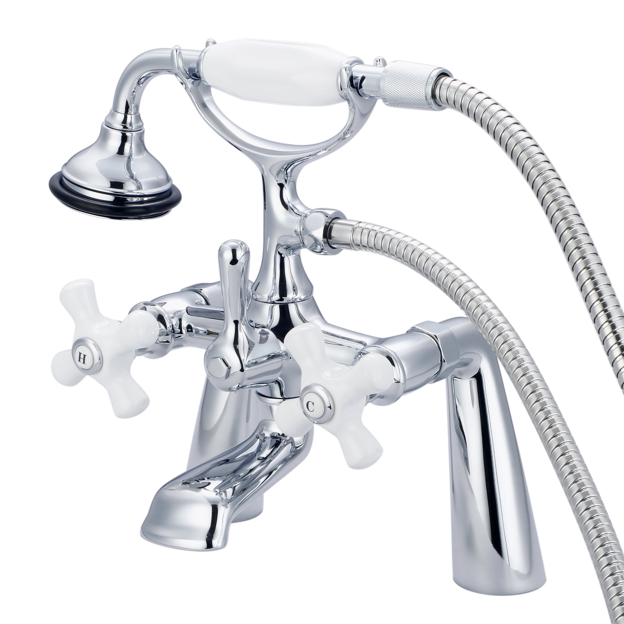 Water Creation | Vintage Classic 7 Inch Spread Deck Mount Tub Faucet With Handheld Shower in Chrome Finish With Porcelain Cross Handles, Hot And Cold Labels Included | F6-0003-01-PX