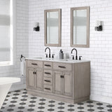 Water Creation | Chestnut 60 In. Double Sink Carrara White Marble Countertop Vanity In Grey Oak with Grooseneck Faucets | CH60CW03GK-000BL1403
