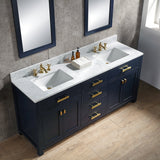 Water Creation | Madison 72-Inch Double Sink Carrara White Marble Vanity In Monarch Blue  With F2-0013-06-FX Lavatory Faucet(s) | MS72CW06MB-000FX1306
