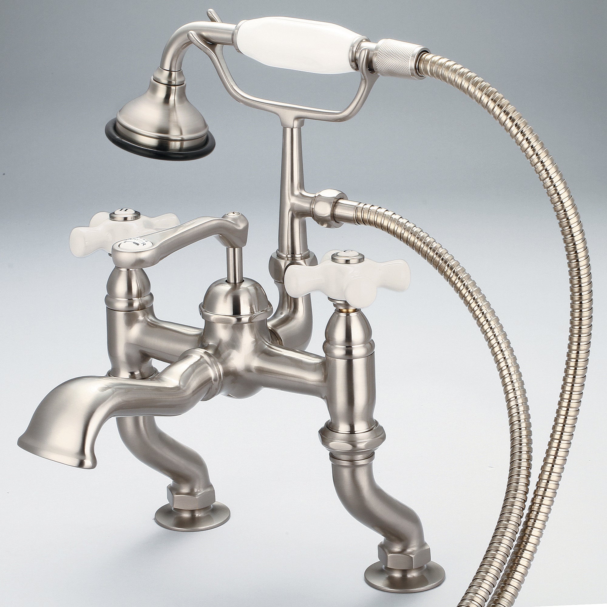 Water Creation | Vintage Classic Adjustable Center Deck Mount Tub Faucet With Handheld Shower in Brushed Nickel Finish With Porcelain Cross Handles, Hot And Cold Labels Included | F6-0004-02-PX