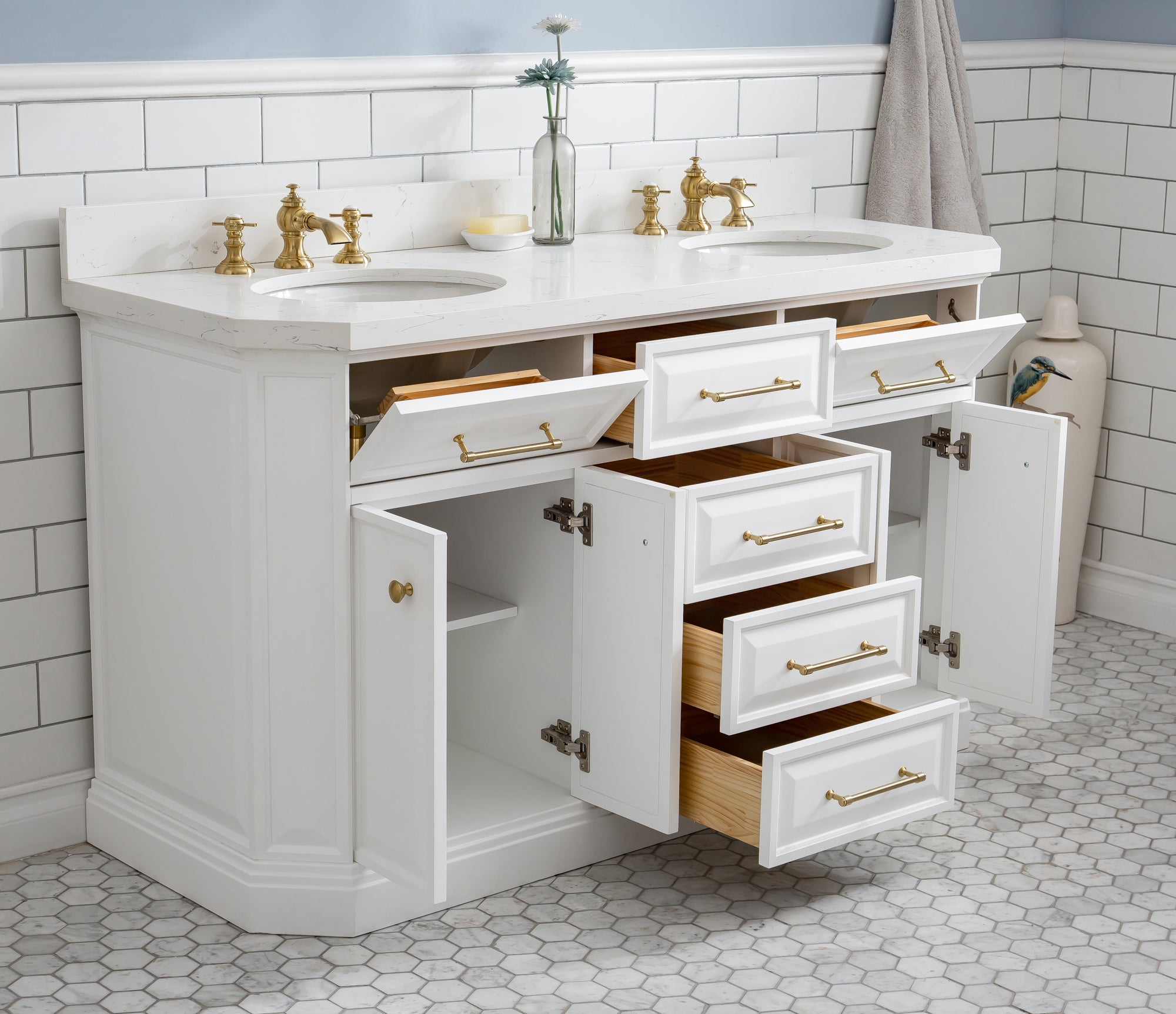 Water Creation | 60" Palace Collection Quartz Carrara Pure White Bathroom Vanity Set With Hardware And F2-0013 Faucets in Satin Gold Finish And Only Mirrors in Chrome Finish | PA60QZ06PW-E18FX1306