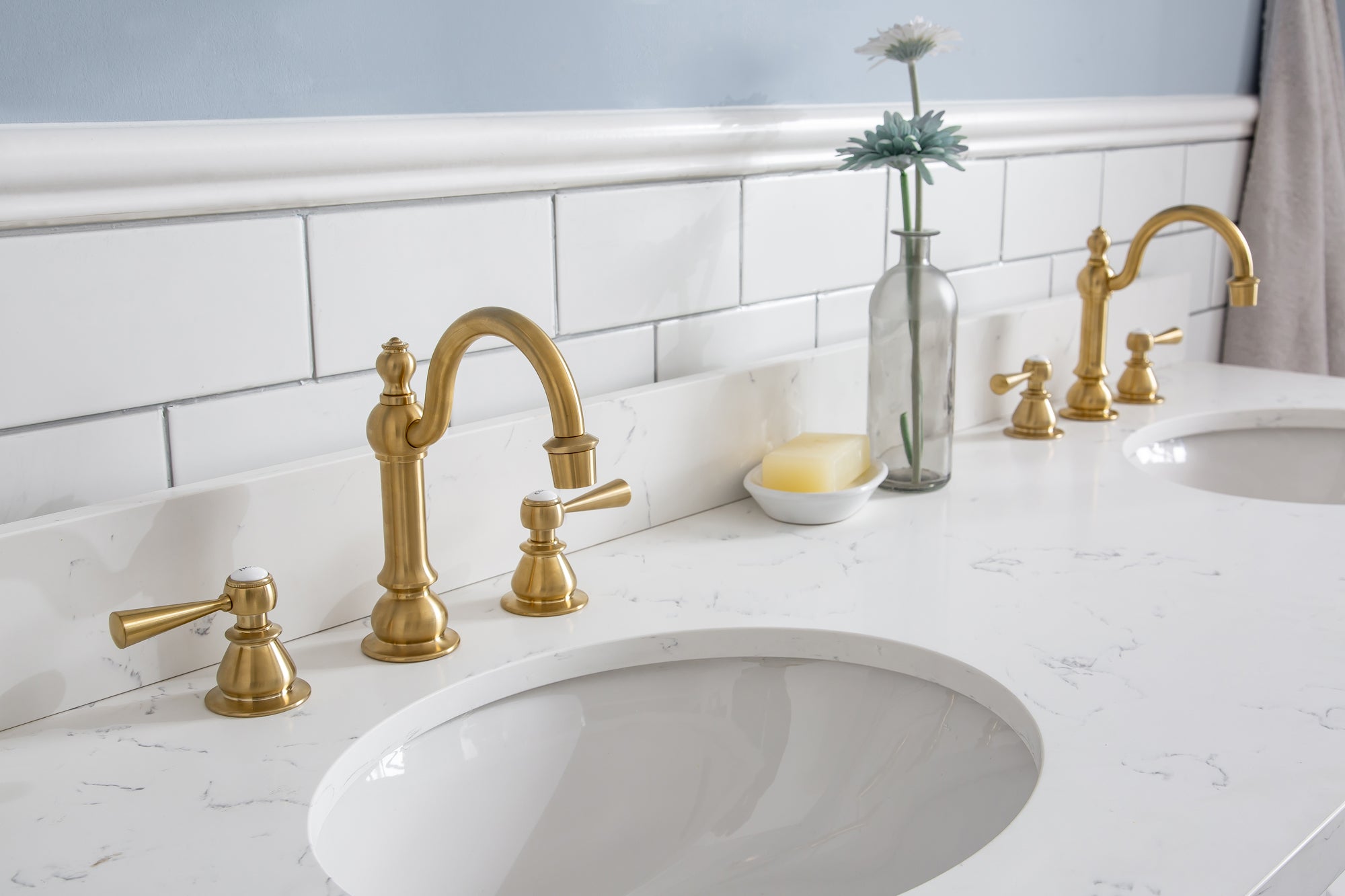 Water Creation | 60" Palace Collection Quartz Carrara Pure White Bathroom Vanity Set With Hardware And F2-0012 Faucets in Satin Gold Finish And Only Mirrors in Chrome Finish | PA60QZ06PW-000TL1206