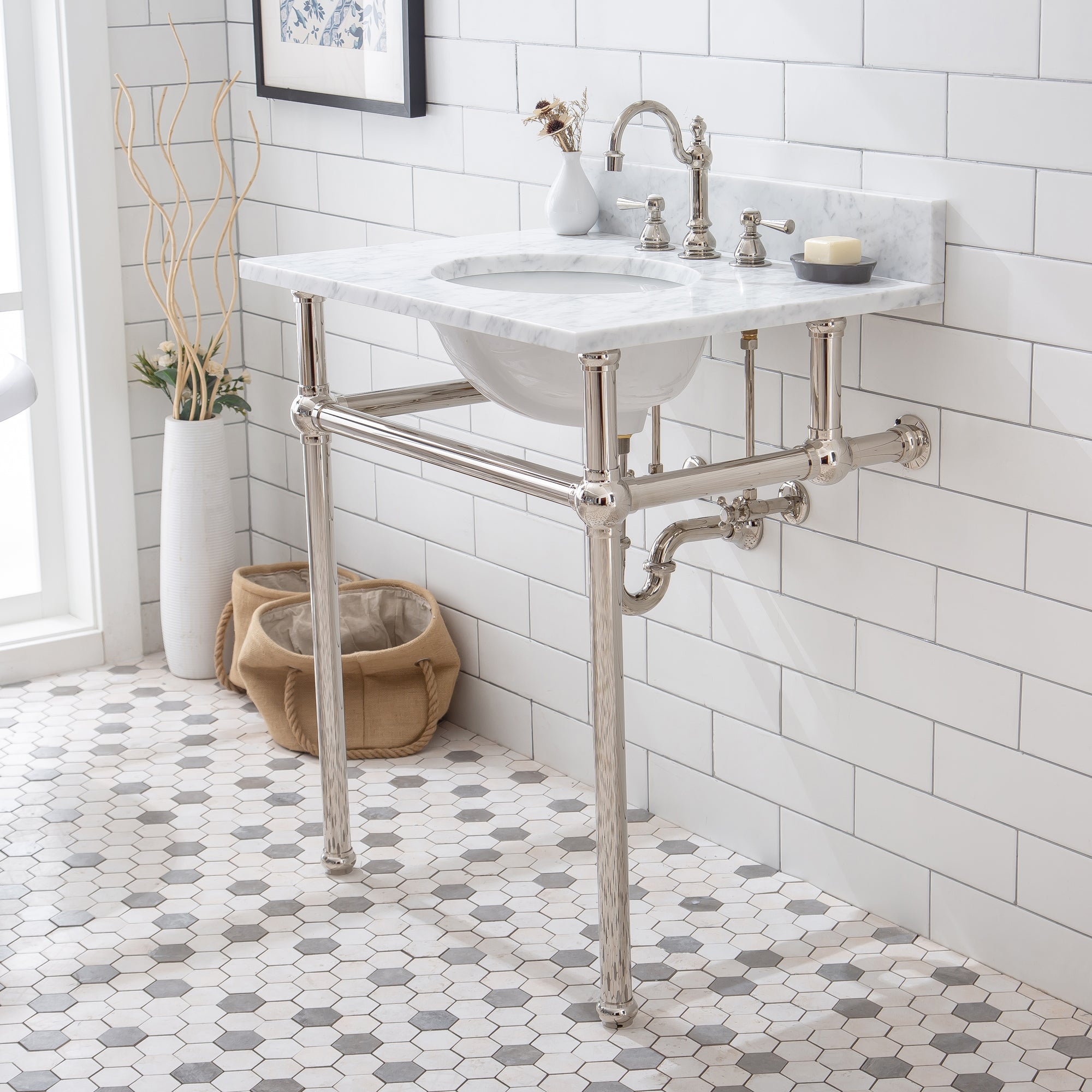 Water Creation | Embassy 30 Inch Wide Single Wash Stand, P-Trap, Counter Top with Basin, F2-0012 Faucet and Mirror included in Polished Nickel (PVD) Finish | EB30E-0512