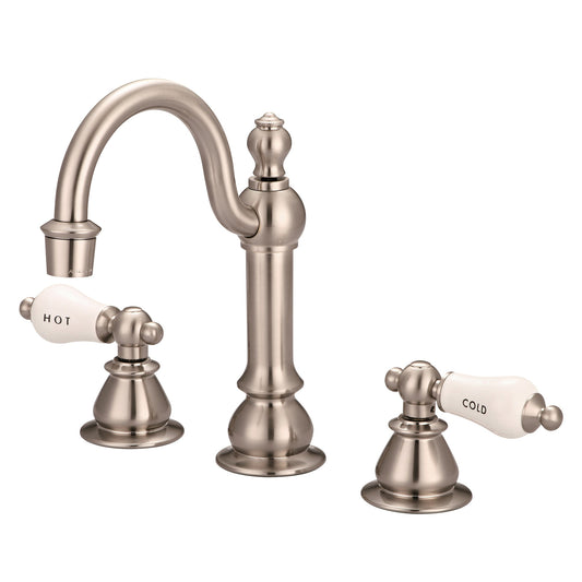 Water Creation | American 20th Century Classic Widespread Lavatory F2-0012 Faucets With Pop-Up Drain in Brushed Nickel Finish With Porcelain Lever Handles, Hot And Cold Labels Included | F2-0012-02-CL