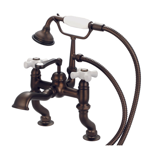 Water Creation | Vintage Classic Adjustable Center Deck Mount Tub Faucet With Handheld Shower in Oil-rubbed Bronze Finish Finish With Porcelain Cross Handles, Hot And Cold Labels Included | F6-0004-03-PX