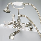 Water Creation | Vintage Classic 7 Inch Spread Deck Mount Tub Faucet With 2 Inch Risers & Handheld Shower in Polished Nickel (PVD) Finish With Porcelain Cross Handles, Hot And Cold Labels Included | F6-0007-05-PX