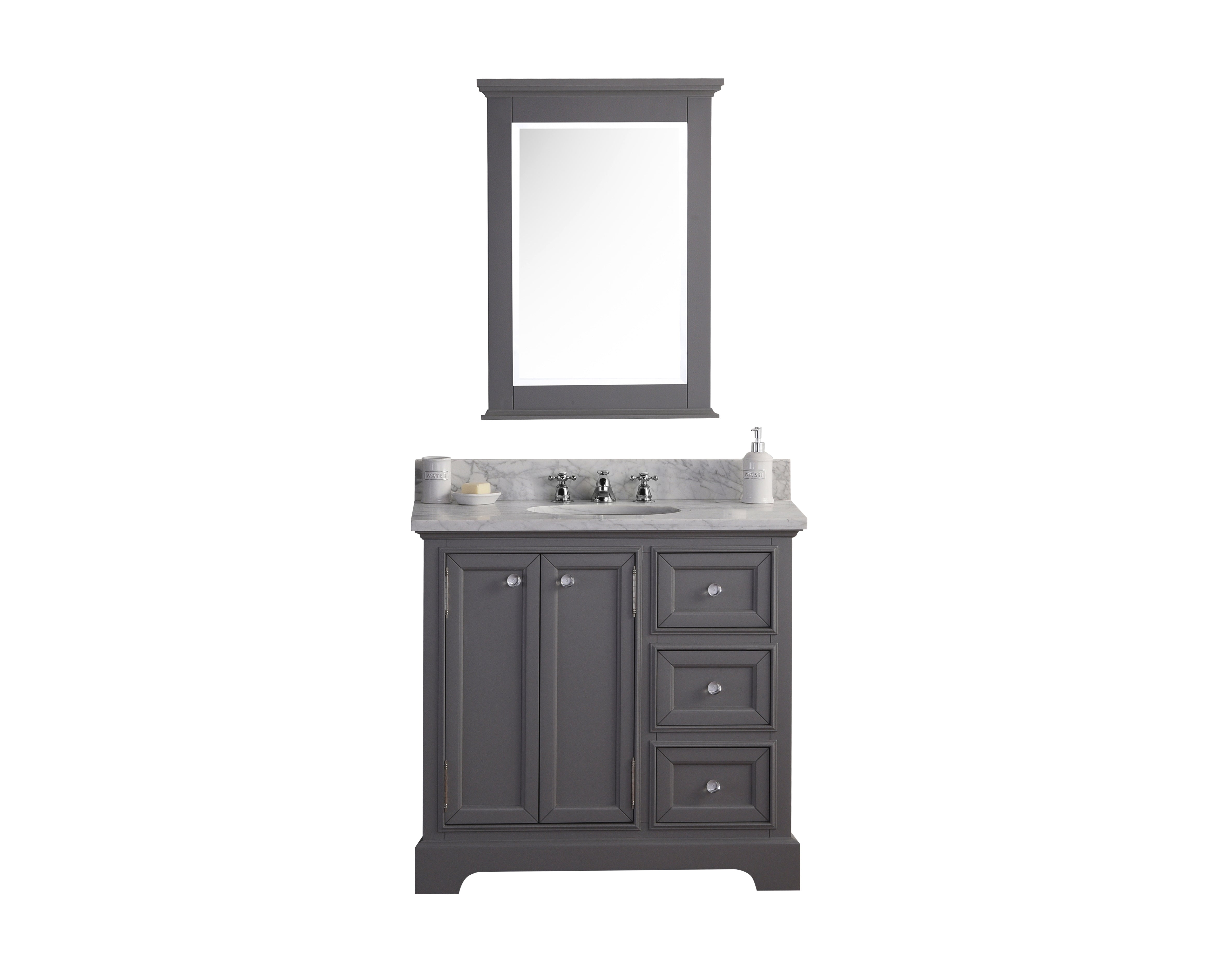 Water Creation | 36 Inch Wide Cashmere Grey Single Sink Carrara Marble Bathroom Vanity With Matching Mirror From The Derby Collection | DE36CW01CG-B24000000