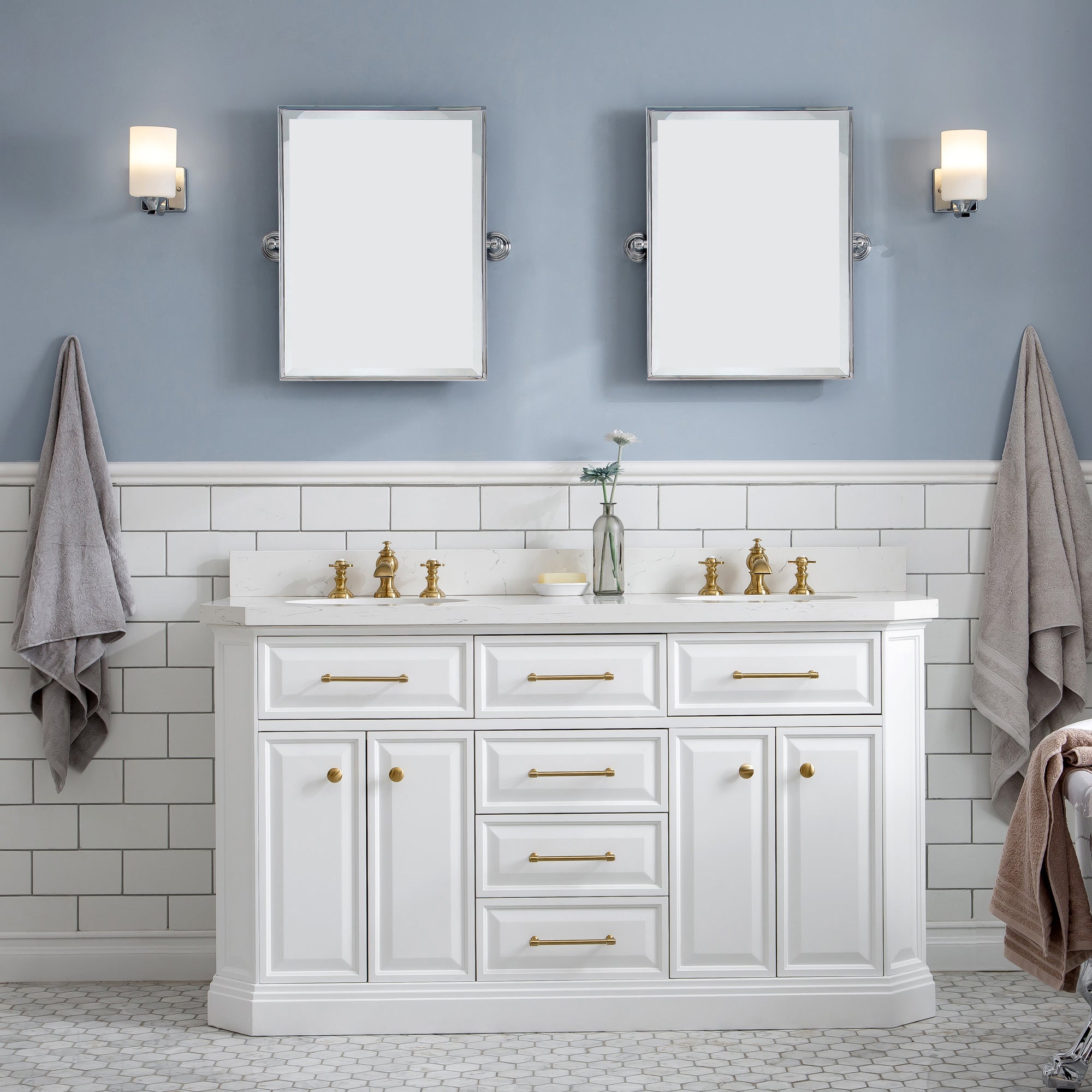 Water Creation | 60" Palace Collection Quartz Carrara Pure White Bathroom Vanity Set With Hardware in Satin Gold Finish And Only Mirrors in Chrome Finish | PA60QZ06PW-E18000000