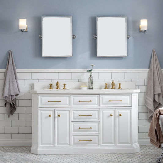 Water Creation | 60" Palace Collection Quartz Carrara Pure White Bathroom Vanity Set With Hardware in Satin Gold Finish And Only Mirrors in Chrome Finish | PA60QZ06PW-E18000000