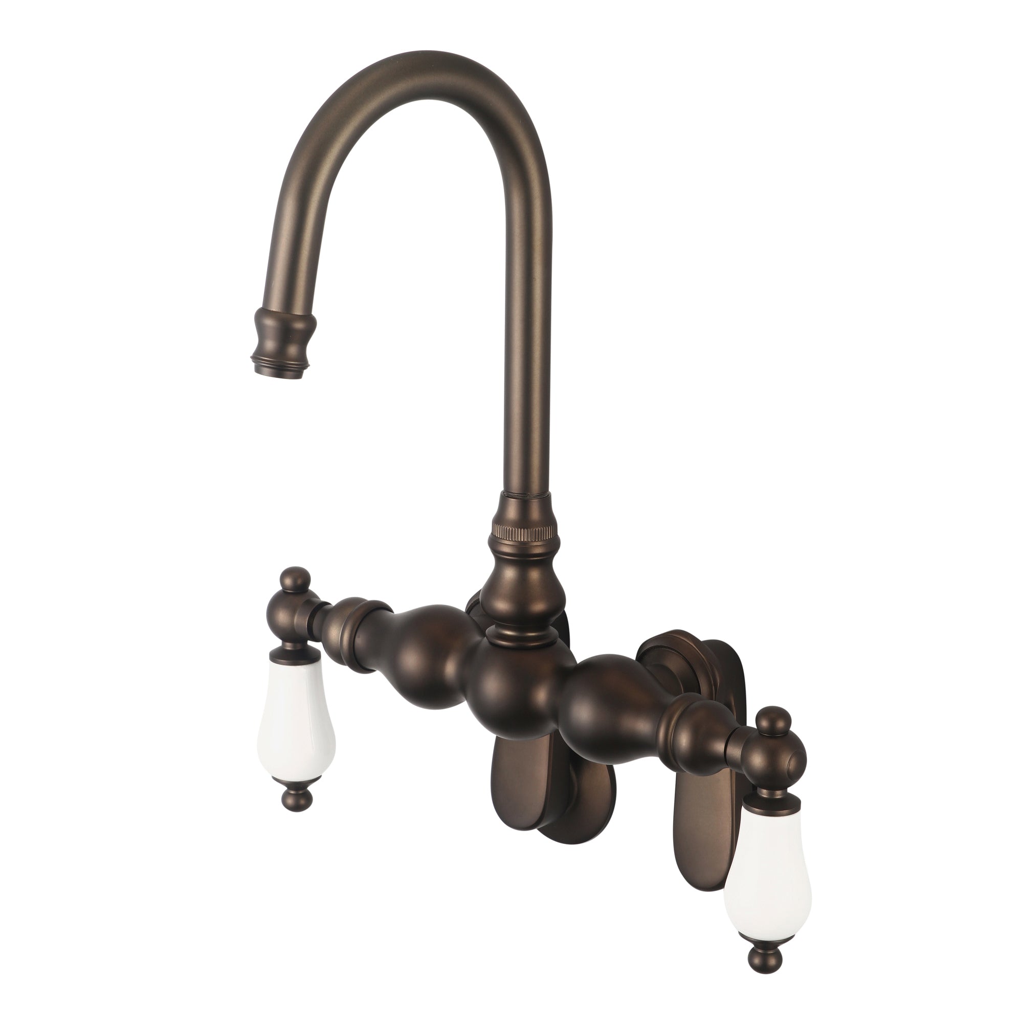 Water Creation | Vintage Classic Adjustable Spread Wall Mount Tub Faucet With Gooseneck Spout & Swivel Wall Connector in Oil-rubbed Bronze Finish Finish With Porcelain Lever Handles Without labels | F6-0015-03-PL