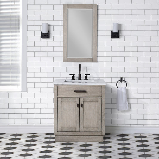 Water Creation | Chestnut 30 In. Single Sink Carrara White Marble Countertop Vanity In Grey Oak with Mirror | CH30CW03GK-R21000000