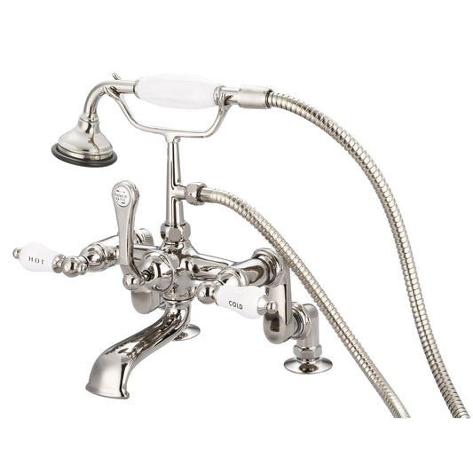 Water Creation | Vintage Classic Adjustable Center Deck Mount Tub Faucet With Handheld Shower in Polished Nickel (PVD) Finish With Porcelain Lever Handles, Hot And Cold Labels Included | F6-0008-05-CL