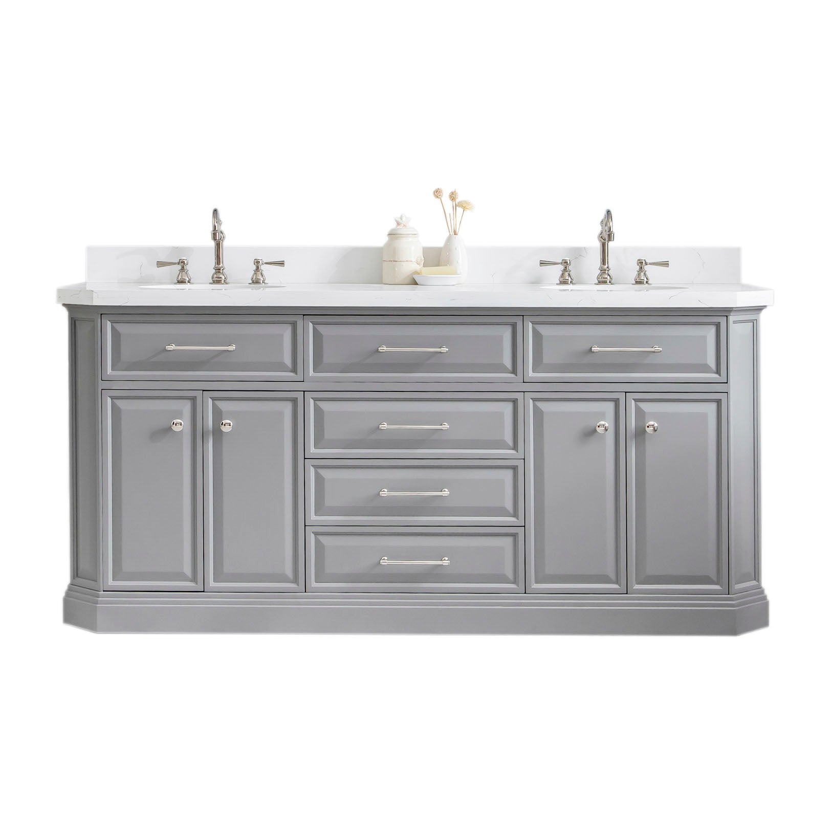 Water Creation | 72" Palace Collection Quartz Carrara Cashmere Grey Bathroom Vanity Set With Hardware And F2-0012 Faucets in Polished Nickel (PVD) Finish | PA72QZ05CG-000TL1205