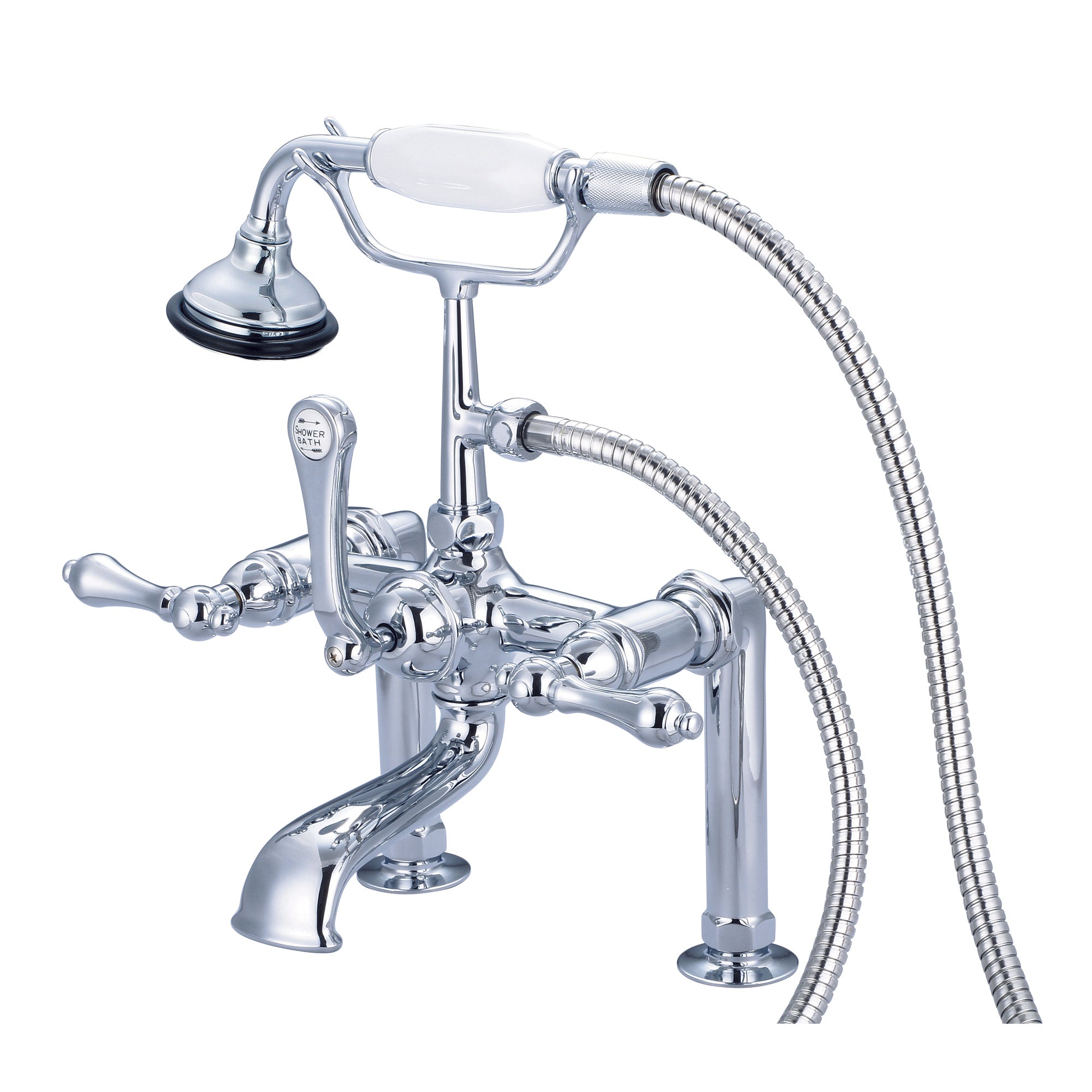 Water Creation | Vintage Classic 7 Inch Spread Deck Mount Tub Faucet With 6 Inch Risers & Handheld Shower in Chrome Finish With Metal Lever Handles Without Labels | F6-0006-01-AL