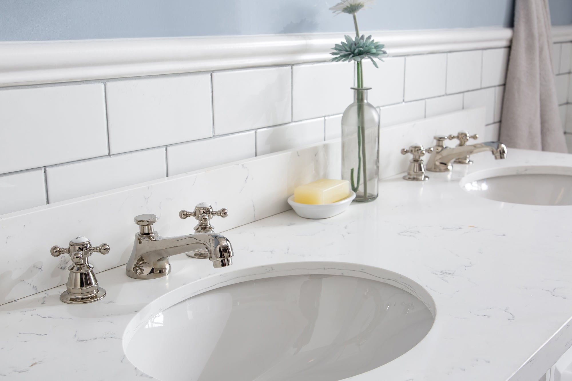 Water Creation | 60" Palace Collection Quartz Carrara Pure White Bathroom Vanity Set With Hardware And F2-0009 Faucets, Mirror in Polished Nickel (PVD) Finish | PA60QZ05PW-E18BX0905