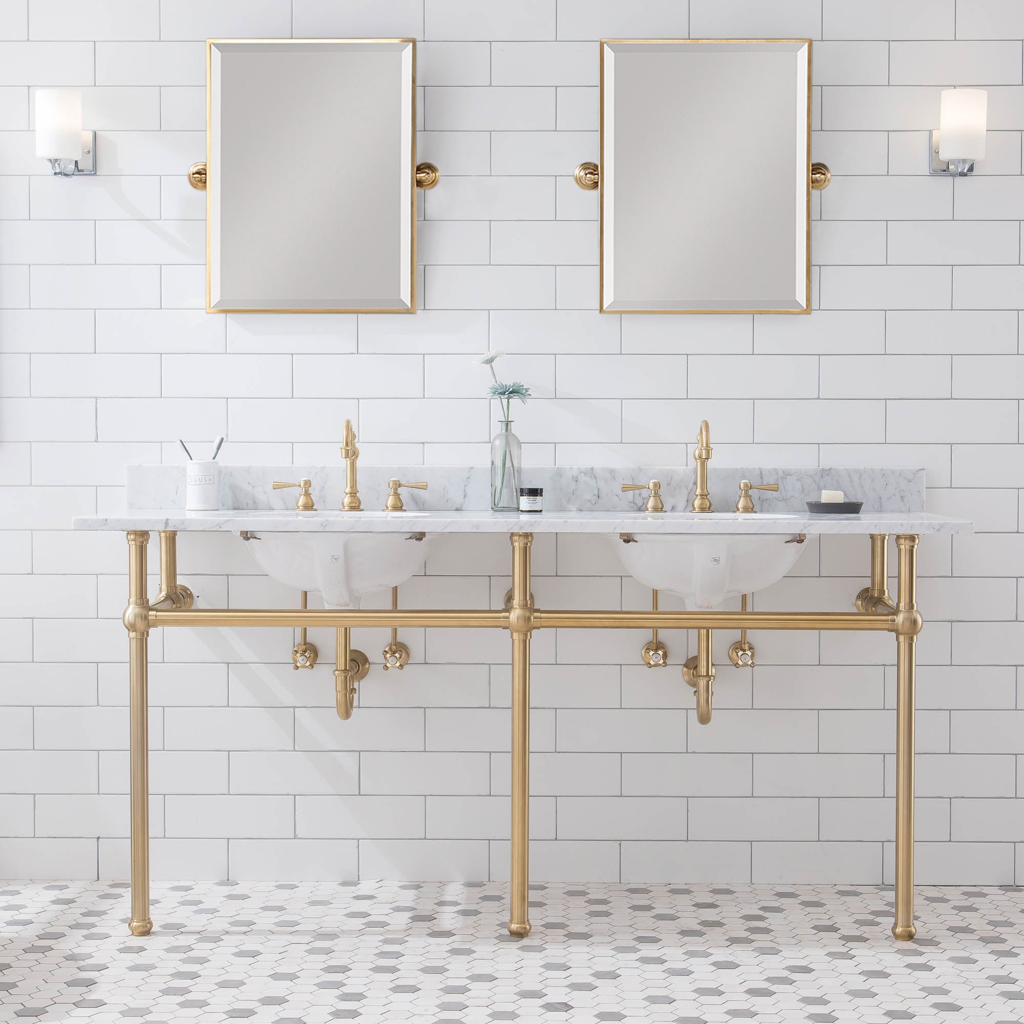 Water Creation | Embassy 72 Inch Wide Double Wash Stand and P-Trap included in Satin Gold Finish | EB72B-0600