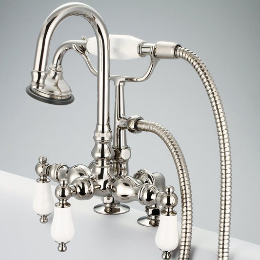 Water Creation | Vintage Classic 3.375 Inch Center Deck Mount Tub Faucet With Gooseneck Spout, 2 Inch Risers & Handheld Shower in Polished Nickel (PVD) Finish With Porcelain Lever Handles Without labels | F6-0013-05-PL