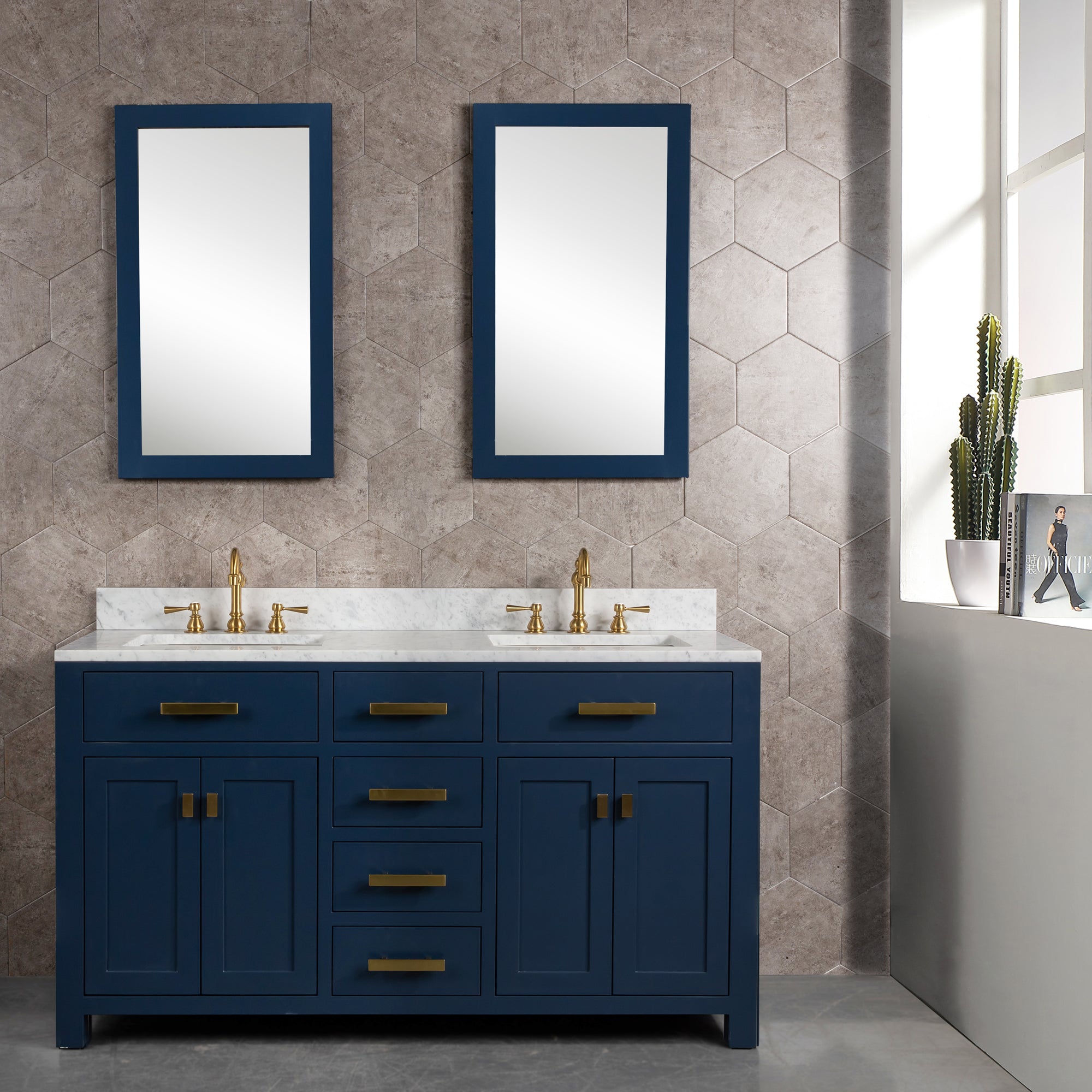 Water Creation | Madison 60-Inch Double Sink Carrara White Marble Vanity In Monarch Blue | MS60CW06MB-000000000