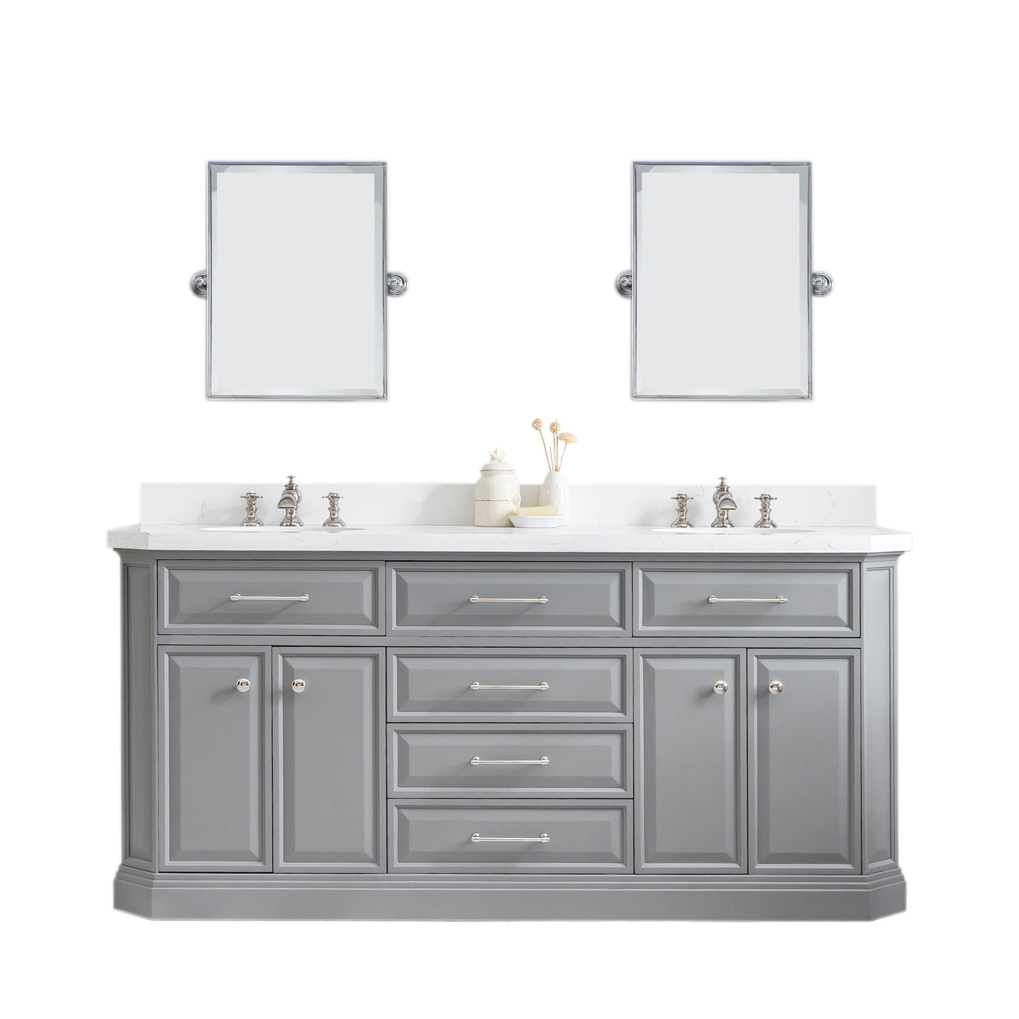 Water Creation | 72" Palace Collection Quartz Carrara Cashmere Grey Bathroom Vanity Set With Hardware, Mirror in Polished Nickel (PVD) Finish | PA72QZ05CG-E18000000