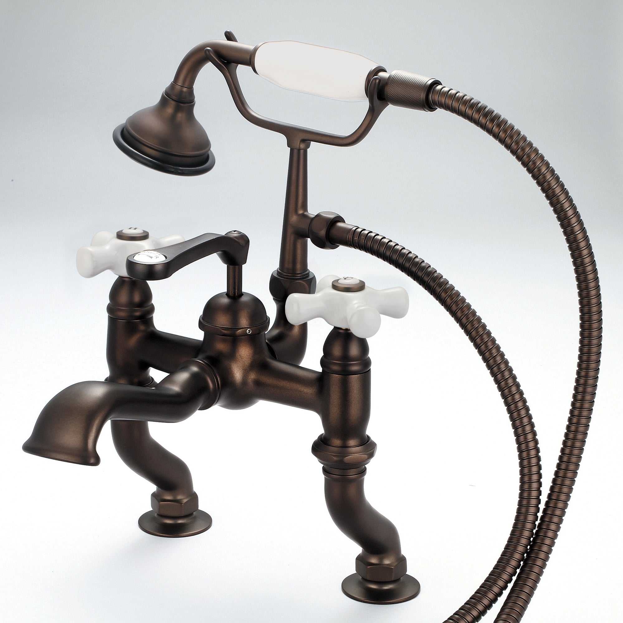 Water Creation | Vintage Classic Adjustable Center Deck Mount Tub Faucet With Handheld Shower in Oil-rubbed Bronze Finish Finish With Porcelain Cross Handles, Hot And Cold Labels Included | F6-0004-03-PX