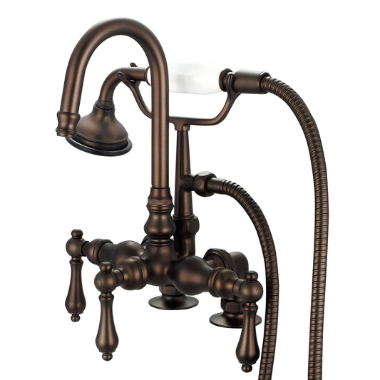 Water Creation | Vintage Classic 3.375 Inch Center Deck Mount Tub Faucet With Gooseneck Spout, 2 Inch Risers & Handheld Shower in Oil-rubbed Bronze Finish Finish With Metal Lever Handles Without Labels | F6-0013-03-AL