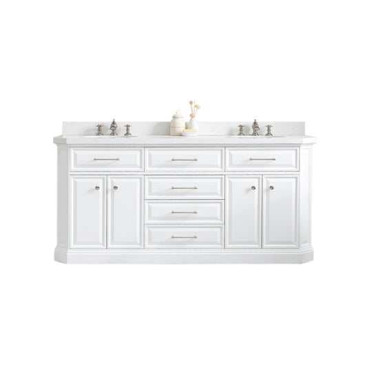 Water Creation | 72" Palace Collection Quartz Carrara Pure White Bathroom Vanity Set With Hardware And F2-0013 Faucets in Polished Nickel (PVD) Finish | PA72QZ05PW-000FX1305