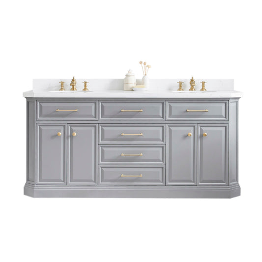 Water Creation | 72" Palace Collection Quartz Carrara Cashmere Grey Bathroom Vanity Set With Hardware And F2-0013 Faucets in Satin Gold Finish And Only Mirrors in Chrome Finish | PA72QZ06CG-000FX1306