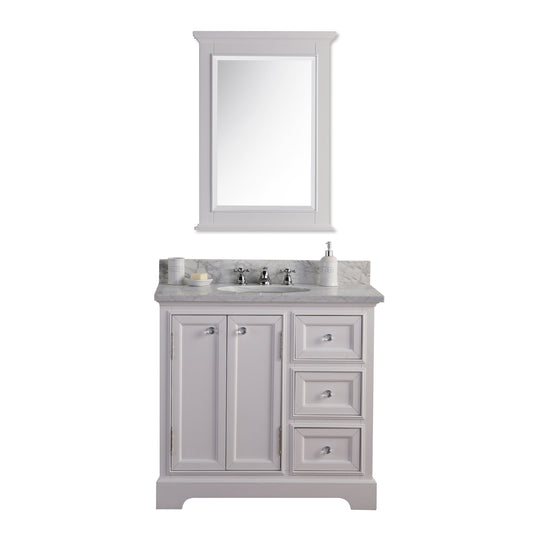 Water Creation | 36 Inch Wide Pure White Single Sink Carrara Marble Bathroom Vanity With Matching Mirror And Faucet(s) From The Derby Collection | DE36CW01PW-B24BX0901