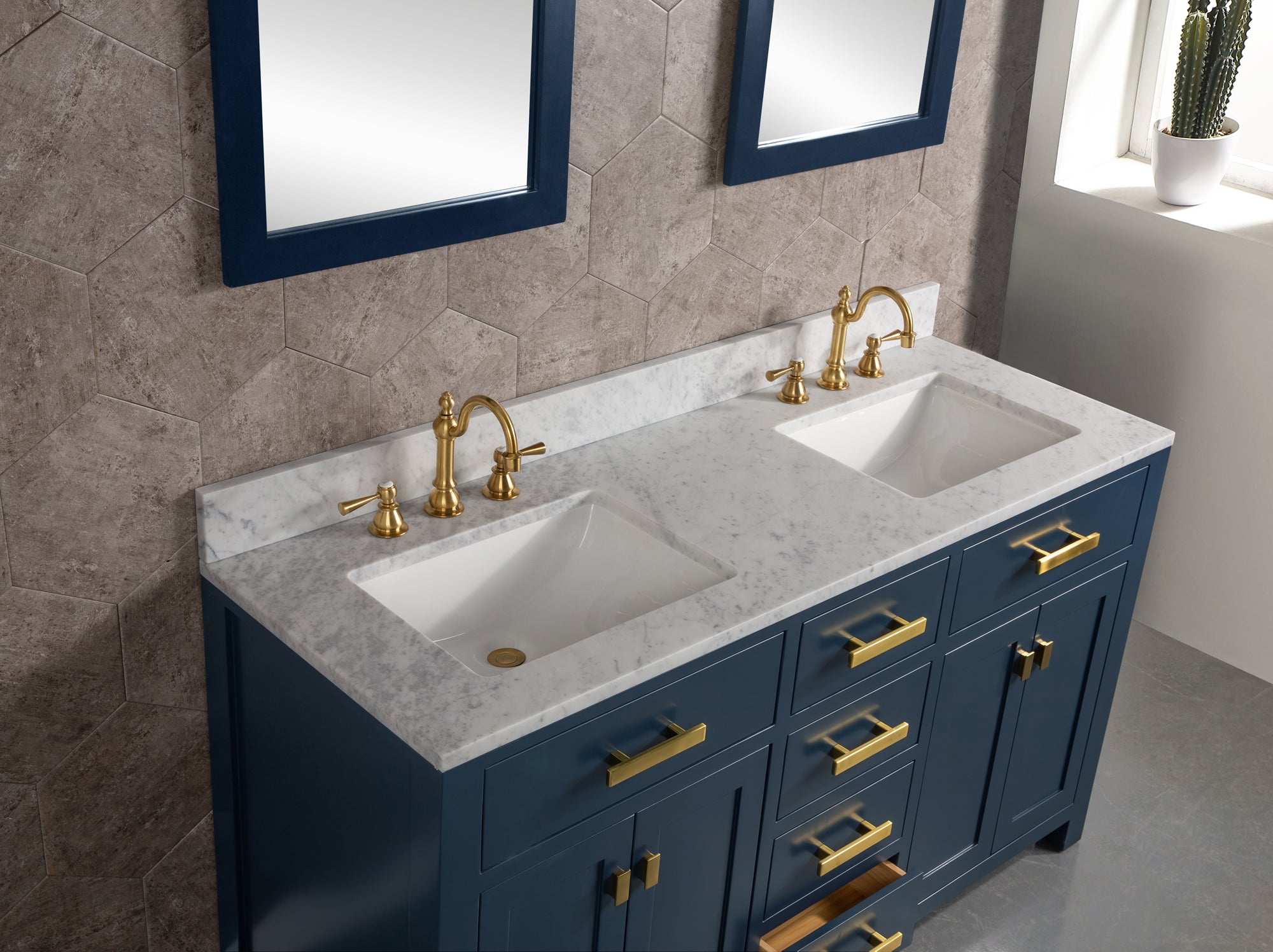 Water Creation | Madison 60-Inch Double Sink Carrara White Marble Vanity In Monarch BlueWith Matching Mirror(s) and F2-0012-06-TL Lavatory Faucet(s) | MS60CW06MB-R21TL1206