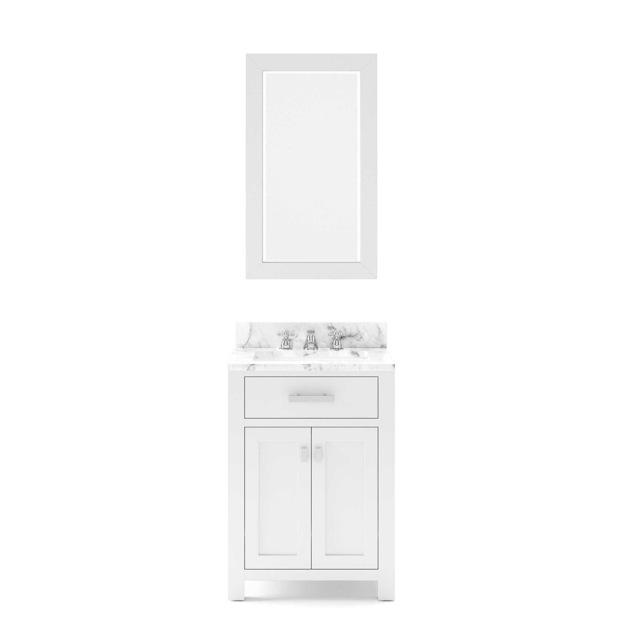 Water Creation | 24 Inch Pure White Single Sink Bathroom Vanity With Matching Framed Mirror And Faucet From The Madison Collection | MS24CW01PW-R21BX0901