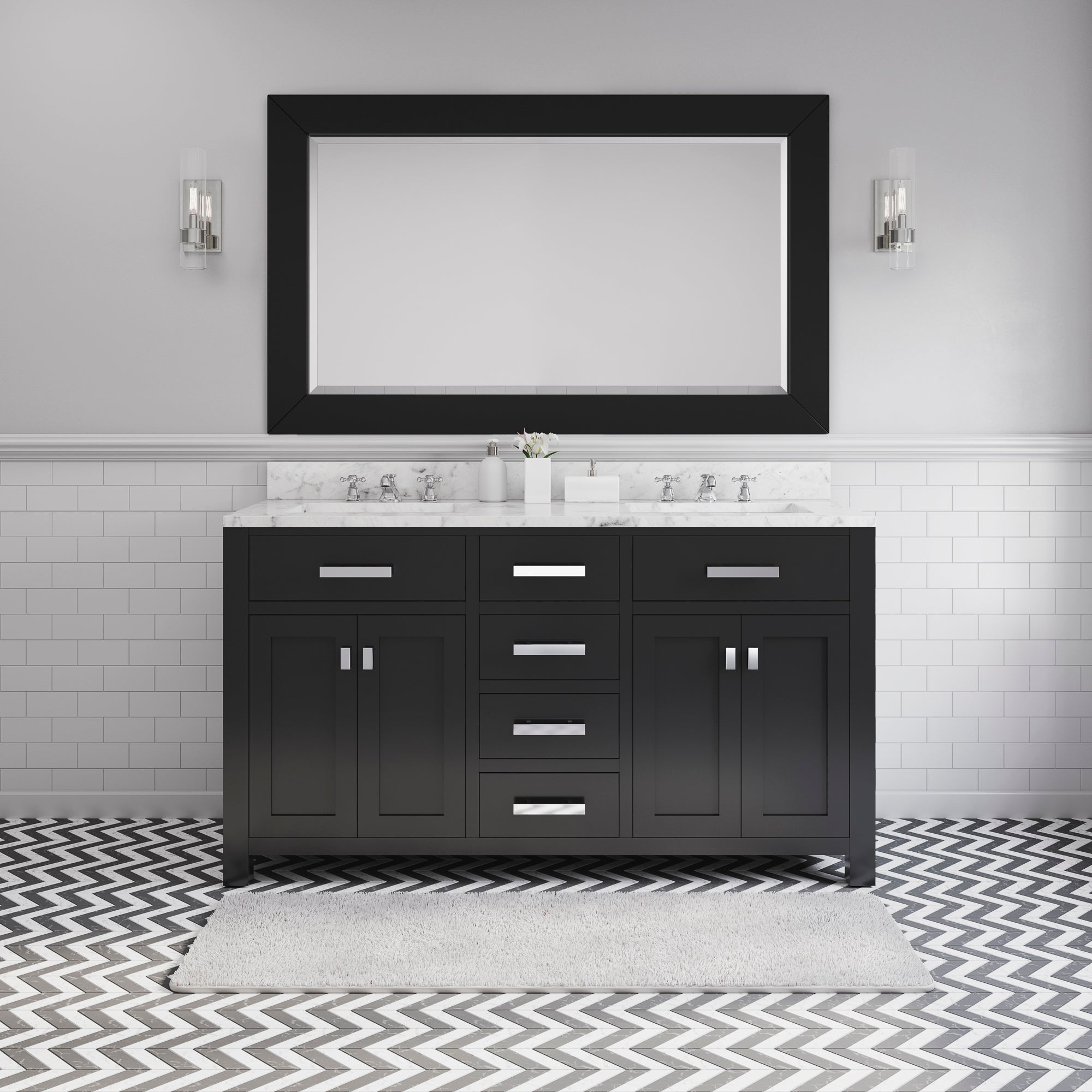 Water Creation | 60 Inch Espresso Double Sink Bathroom Vanity With Matching Framed Mirror And Faucet From The Madison Collection | MS60CW01ES-R60BX0901