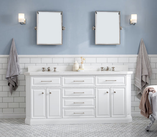 Water Creation | 72" Palace Collection Quartz Carrara Pure White Bathroom Vanity Set With Hardware And F2-0009 Faucets, Mirror in Polished Nickel (PVD) Finish | PA72QZ05PW-E18BX0905