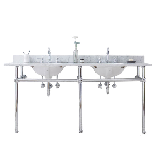 Water Creation | Embassy 72 Inch Wide Double Wash Stand, P-Trap, Counter Top with Basin, and F2-0012 Faucet included in Chrome Finish | EB72D-0112