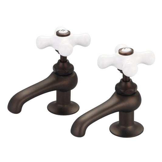 Water Creation | Vintage Classic Basin Cocks Lavatory Faucets in Oil-rubbed Bronze Finish Finish With Porcelain Cross Handles, Hot And Cold Labels Included | F1-0003-03-PX
