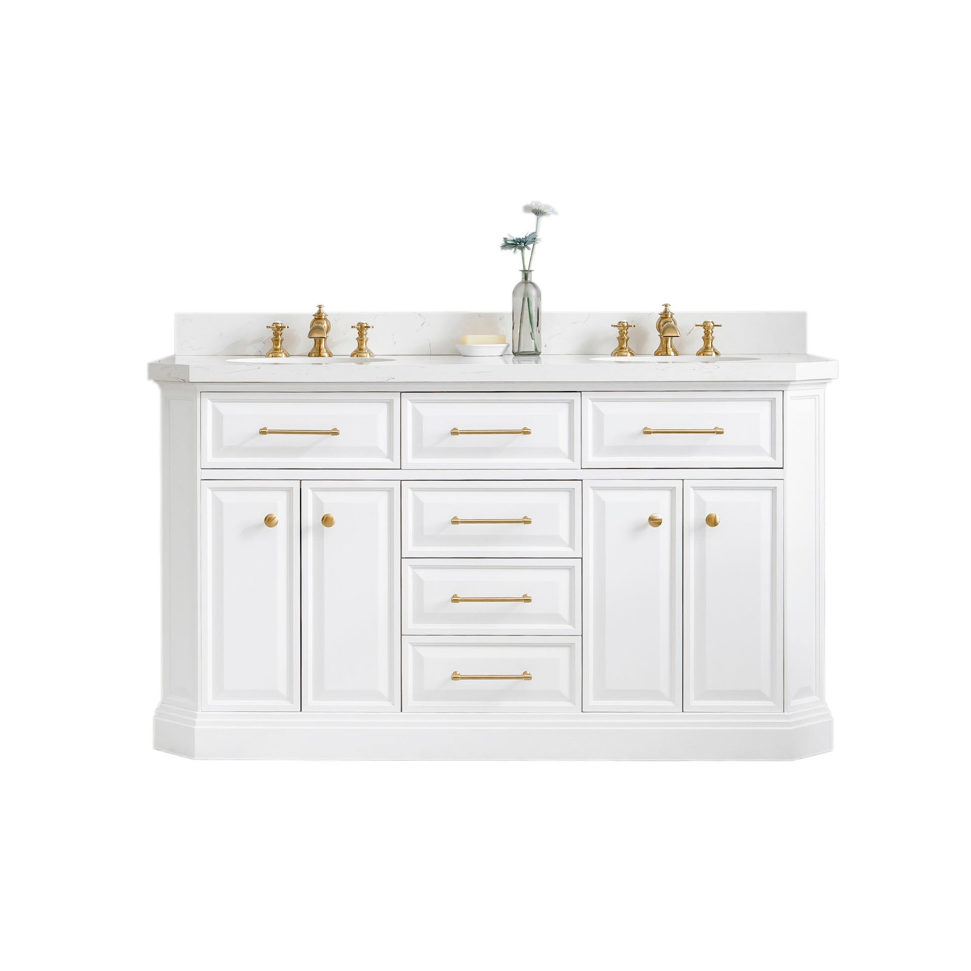 Water Creation | 60" Palace Collection Quartz Carrara Pure White Bathroom Vanity Set With Hardware And F2-0013 Faucets in Satin Gold Finish And Only Mirrors in Chrome Finish | PA60QZ06PW-000FX1306