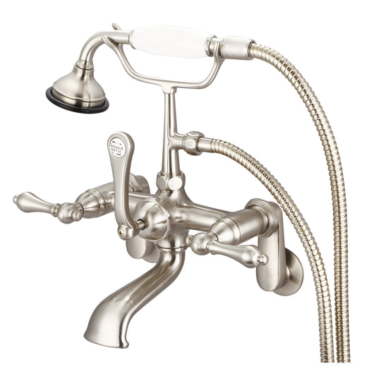 Water Creation | Vintage Classic Adjustable Center Wall Mount Tub Faucet With Swivel Wall Connector & Handheld Shower in Brushed Nickel Finish With Metal Lever Handles Without Labels | F6-0009-02-AL