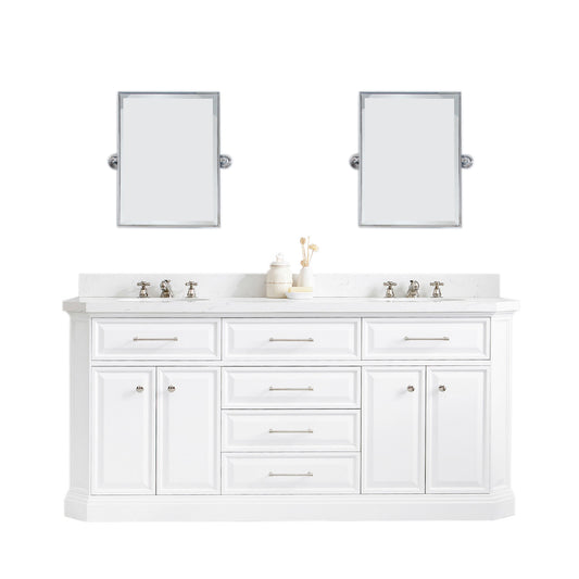 Water Creation | 72" Palace Collection Quartz Carrara Pure White Bathroom Vanity Set With Hardware, Mirror in Polished Nickel (PVD) Finish | PA72QZ05PW-E18000000