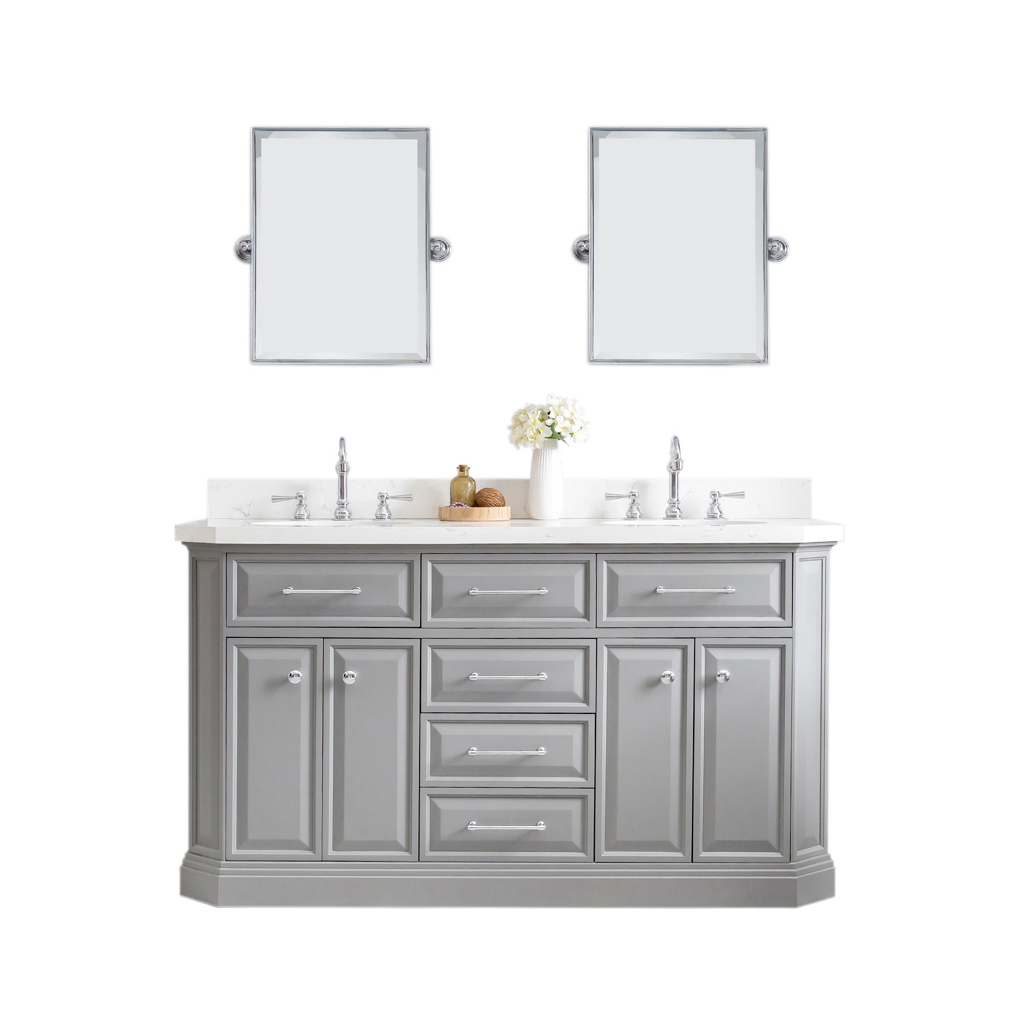 Water Creation | 60" Palace Collection Quartz Carrara Cashmere Grey Bathroom Vanity Set With Hardware And F2-0012 Faucets, Mirror in Chrome Finish | PA60QZ01CG-E18TL1201