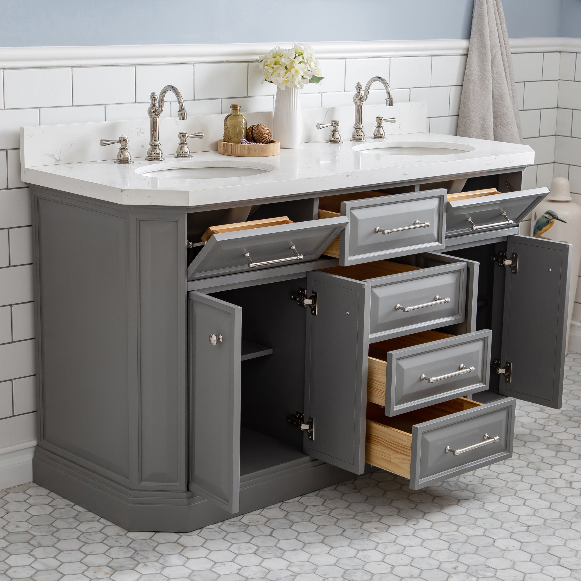 Water Creation | 60" Palace Collection Quartz Carrara Cashmere Grey Bathroom Vanity Set With Hardware And F2-0012 Faucets in Polished Nickel (PVD) Finish | PA60QZ05CG-000TL1205