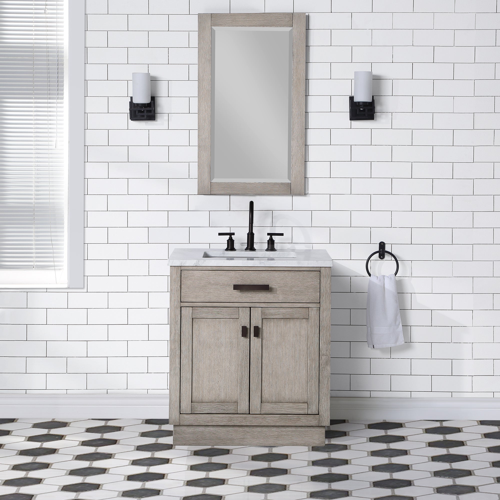 Water Creation | Chestnut 30 In. Single Sink Carrara White Marble Countertop Vanity In Grey Oak with Grooseneck Faucet | CH30CW03GK-000BL1403