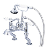 Water Creation | Vintage Classic Adjustable Center Deck Mount Tub Faucet With Handheld Shower in Chrome Finish With Porcelain Lever Handles, Hot And Cold Labels Included | F6-0004-01-CL