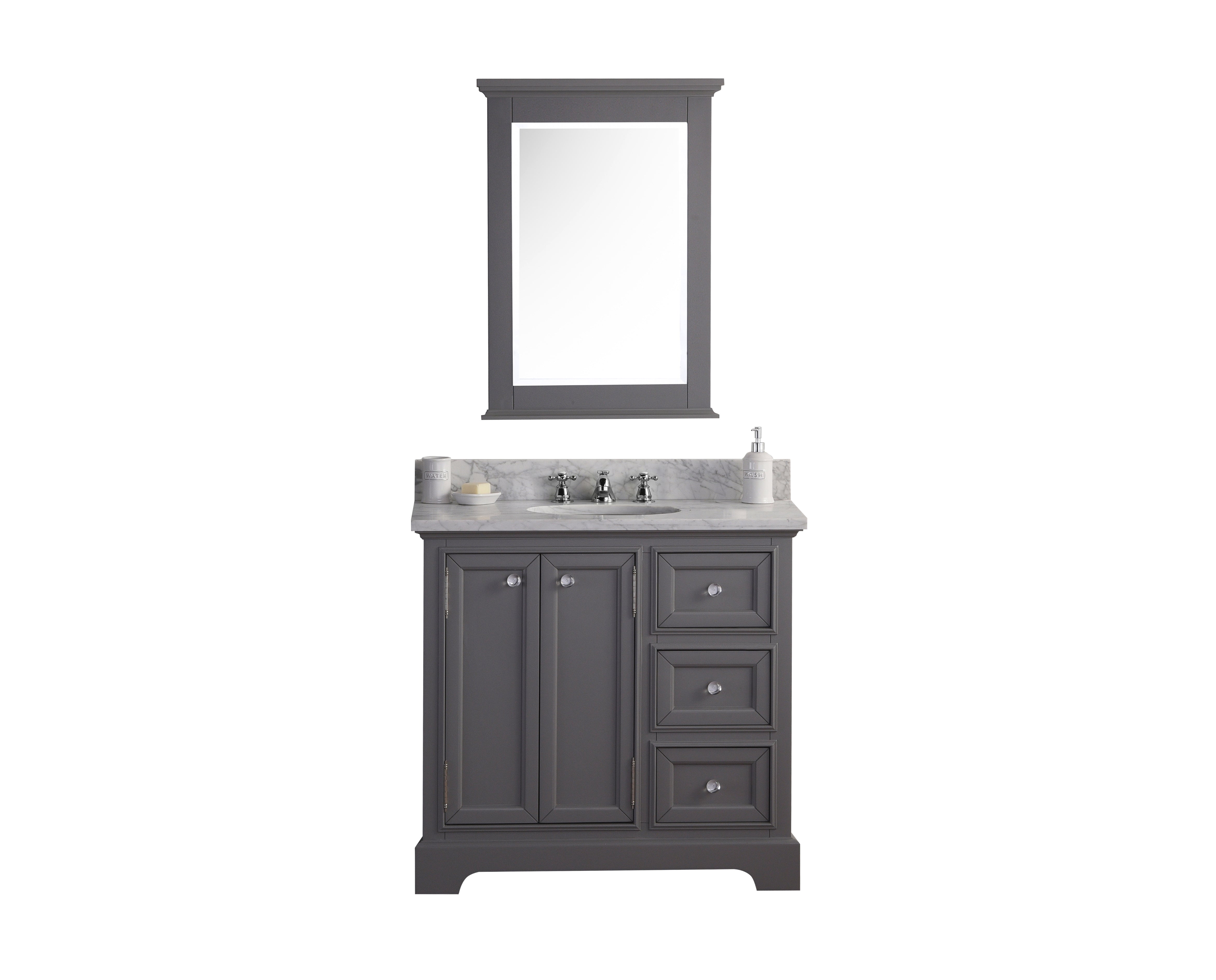 Water Creation | 36 Inch Wide Cashmere Grey Single Sink Carrara Marble Bathroom Vanity With Matching Mirror And Faucet(s) From The Derby Collection | DE36CW01CG-B24BX0901