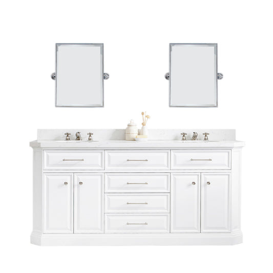 Water Creation | 72" Palace Collection Quartz Carrara Pure White Bathroom Vanity Set With Hardware And F2-0009 Faucets, Mirror in Polished Nickel (PVD) Finish | PA72QZ05PW-E18BX0905