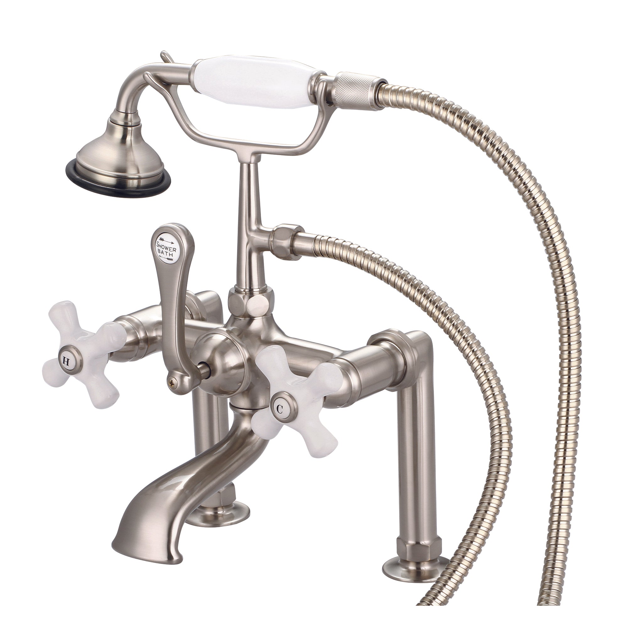 Water Creation | Vintage Classic 7 Inch Spread Deck Mount Tub Faucet With 6 Inch Risers & Handheld Shower in Brushed Nickel Finish With Porcelain Cross Handles, Hot And Cold Labels Included | F6-0006-02-PX