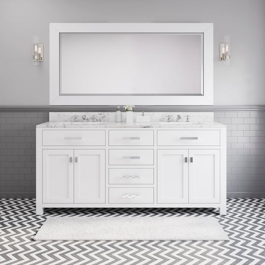 Water Creation | 72 Inch Pure White Double Sink Bathroom Vanity With Matching Framed Mirror And Faucet From The Madison Collection | MS72CW01PW-R72BX0901