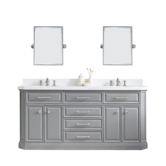 Water Creation | 72" Palace Collection Quartz Carrara Cashmere Grey Bathroom Vanity Set With Hardware And F2-0013 Faucets, Mirror in Polished Nickel (PVD) Finish | PA72QZ05CG-E18FX1305